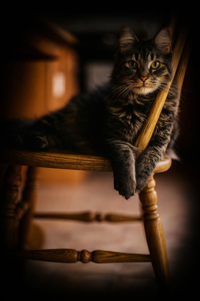 Eine Wohnungskatze, die sich Zuhause wohl fühlt.